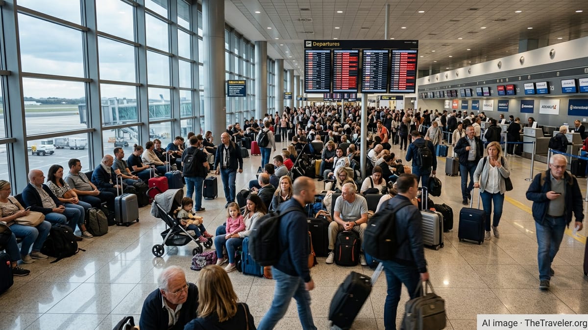 Crowded Rome airport terminal with stranded passengers watching delayed and cancelled flight boards.