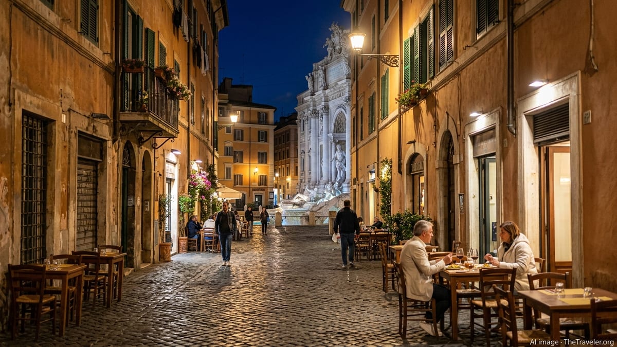 Nighttime street in Rome with wet cobblestones, warm lights, and diners at small trattorias.