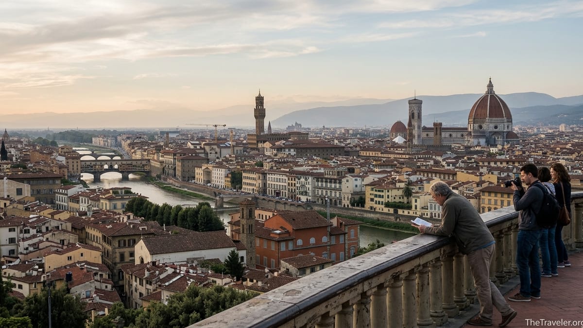 Panoramic sunset view over Florence’s rooftops and Duomo with distant domes on the horizon.