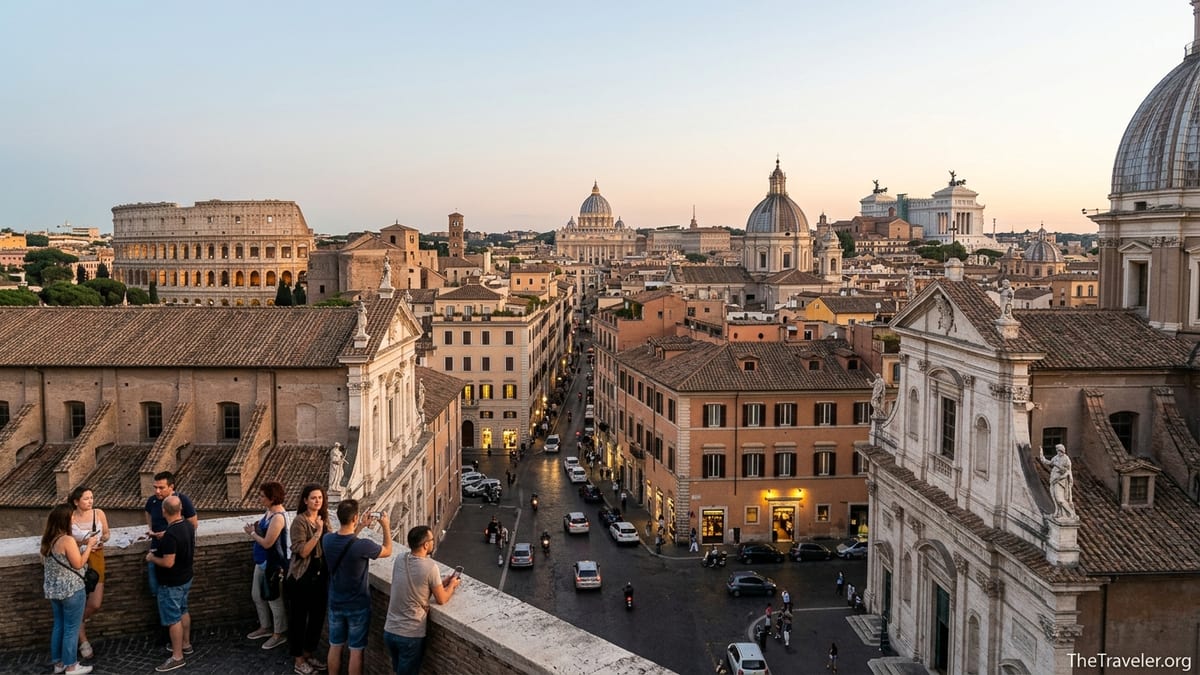Rooftop view over Rome at sunset with rooftops, domes, and the Colosseum glowing in warm light.