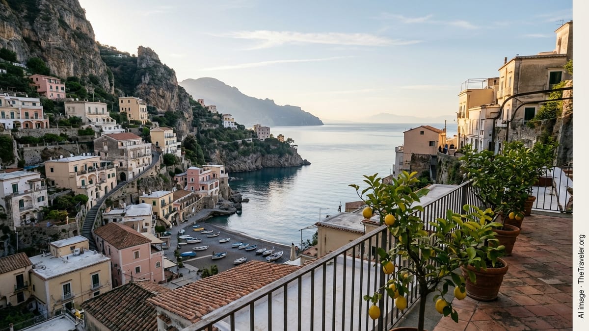 Sunrise view over Positano’s cliffside houses and beach on the Amalfi Coast in Italy.