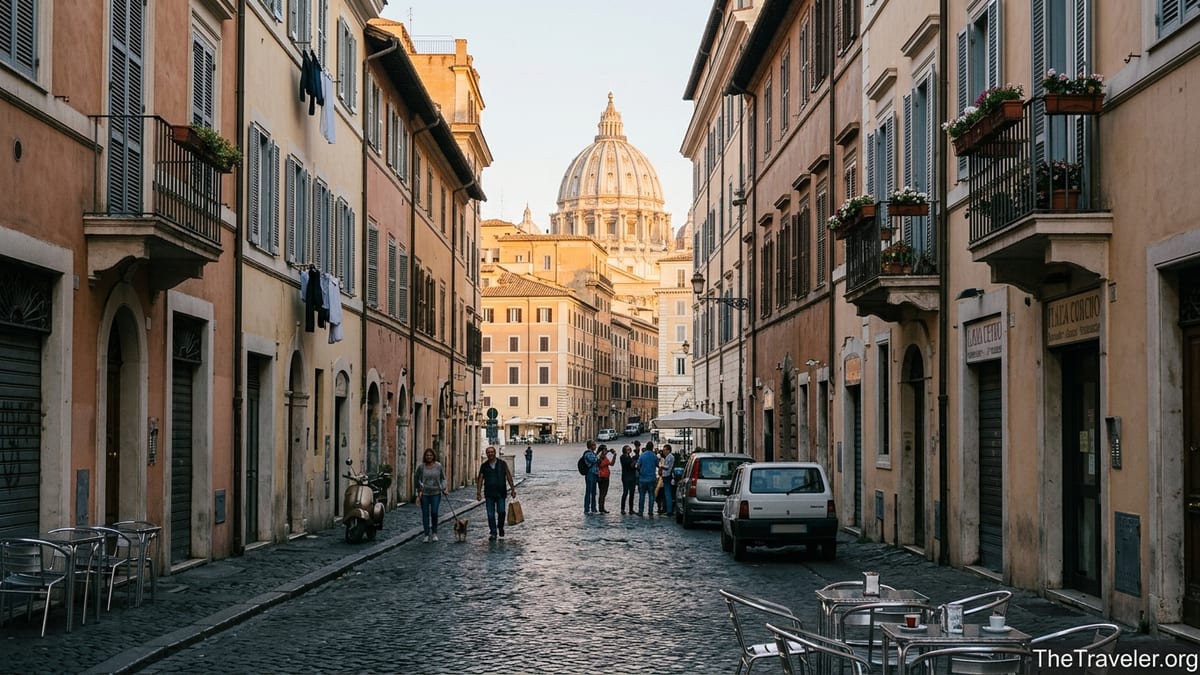 Quiet cobbled street in central Rome at sunrise with few tourists and locals walking past old buildings and café tables.