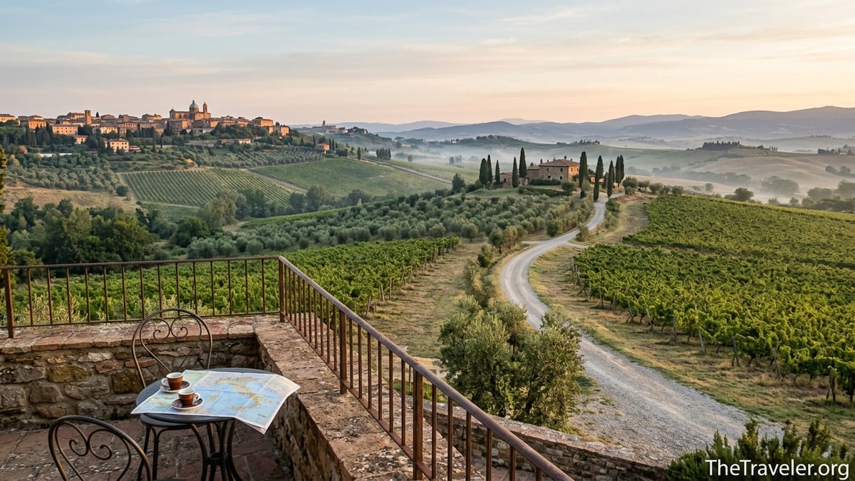 Sunrise view over Tuscan vineyards and a hill town seen from a stone terrace.