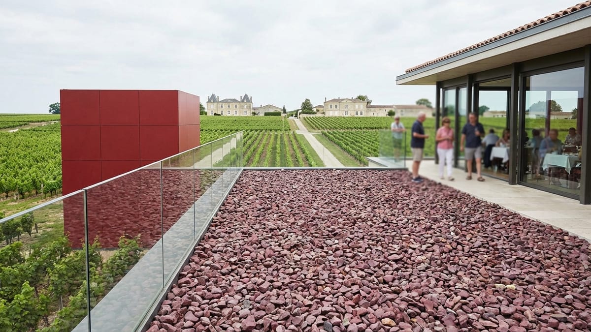 Rooftop view of Château La Dominique vineyards and contemporary architecture.