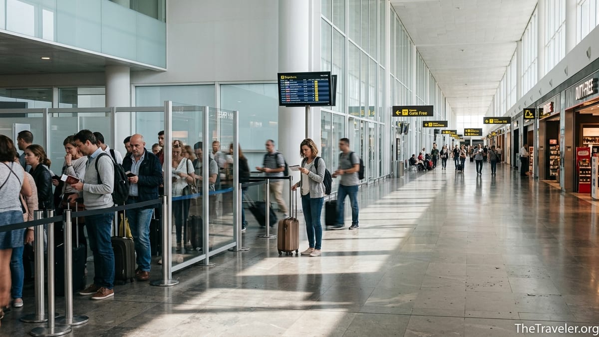 Crowded security area and long concourse inside Barcelona El Prat Terminal 1.