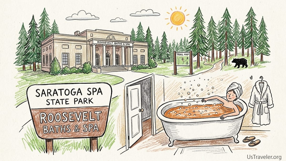 Exterior approach to Roosevelt Baths & Spa in Saratoga Spa State Park under tall pines after light rain