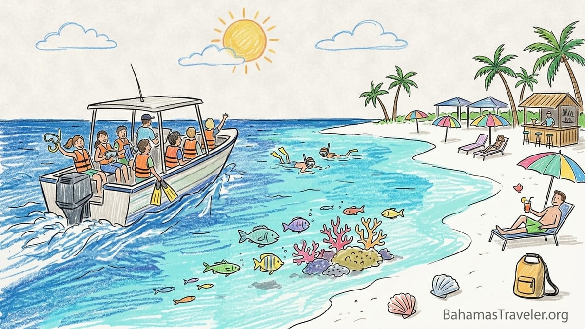Boat anchored in clear turquoise water off Rose Island near Nassau as travelers step into the sea for snorkeling.