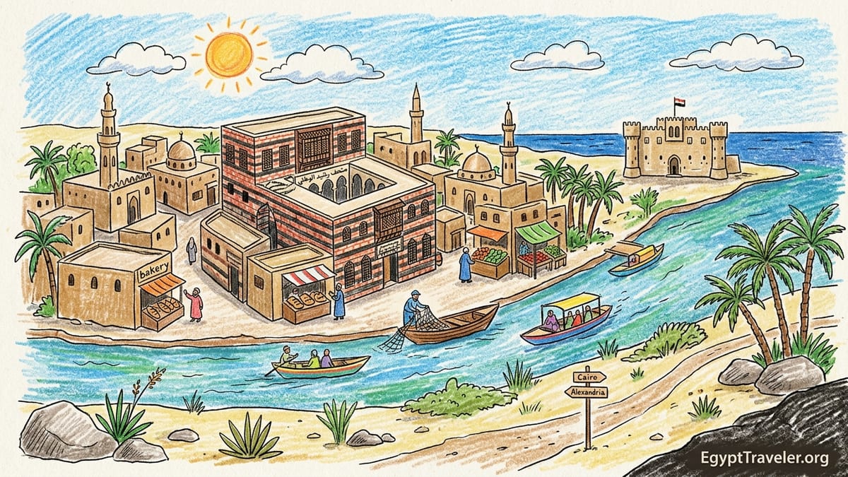 Riverside view of Rosetta showing Nile boats, Ottoman houses and distant Qaitbay Citadel.