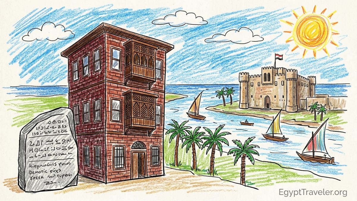 Ottoman-era houses and locals walking along the Nile corniche in Rosetta, Egypt at sunset.
