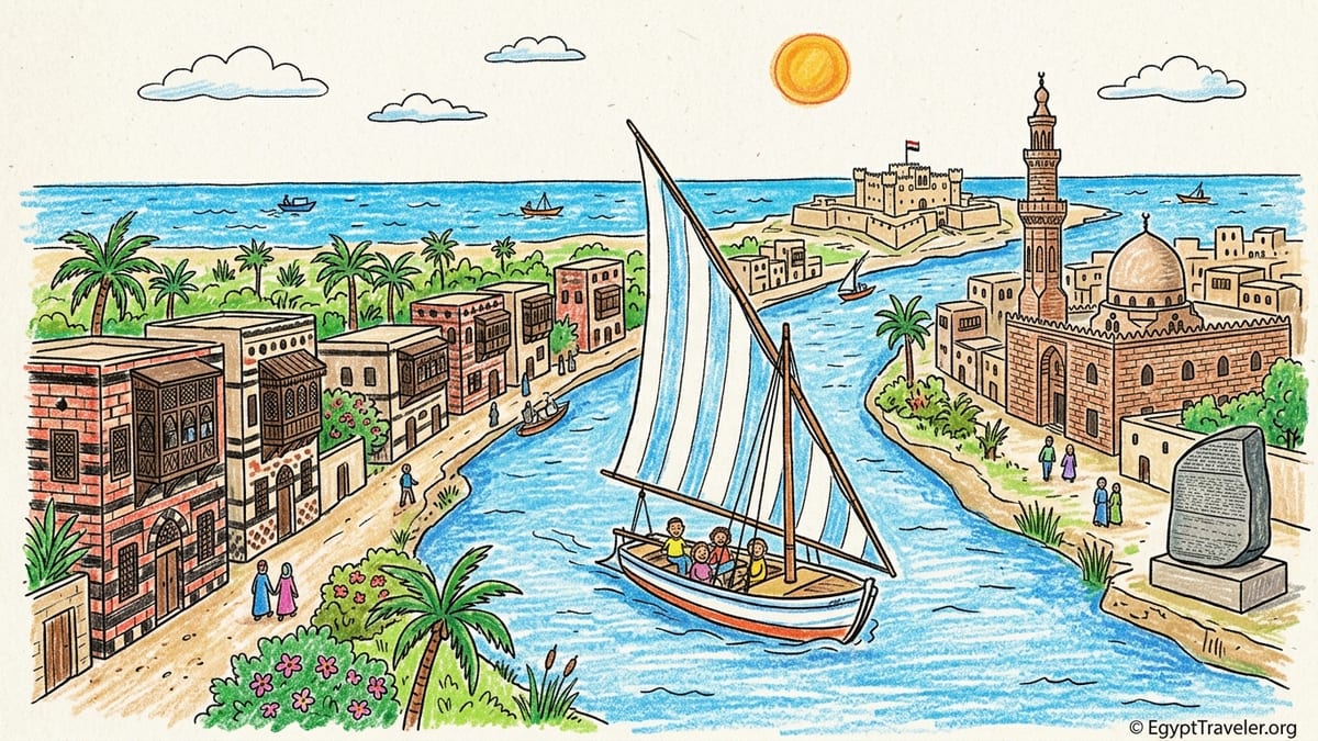 View of Rosetta’s Ottoman waterfront and Nile branch near its Mediterranean mouth at sunset.