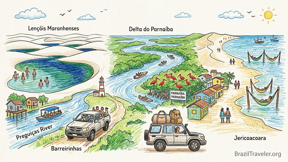 Aerial view of Lençóis Maranhenses dunes and blue lagoons on Brazil’s Rota das Emoções