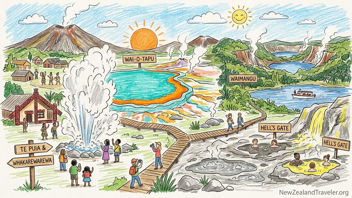 Visitors walking a boardwalk past steaming geysers and colourful geothermal pools near Rotorua at golden hour.