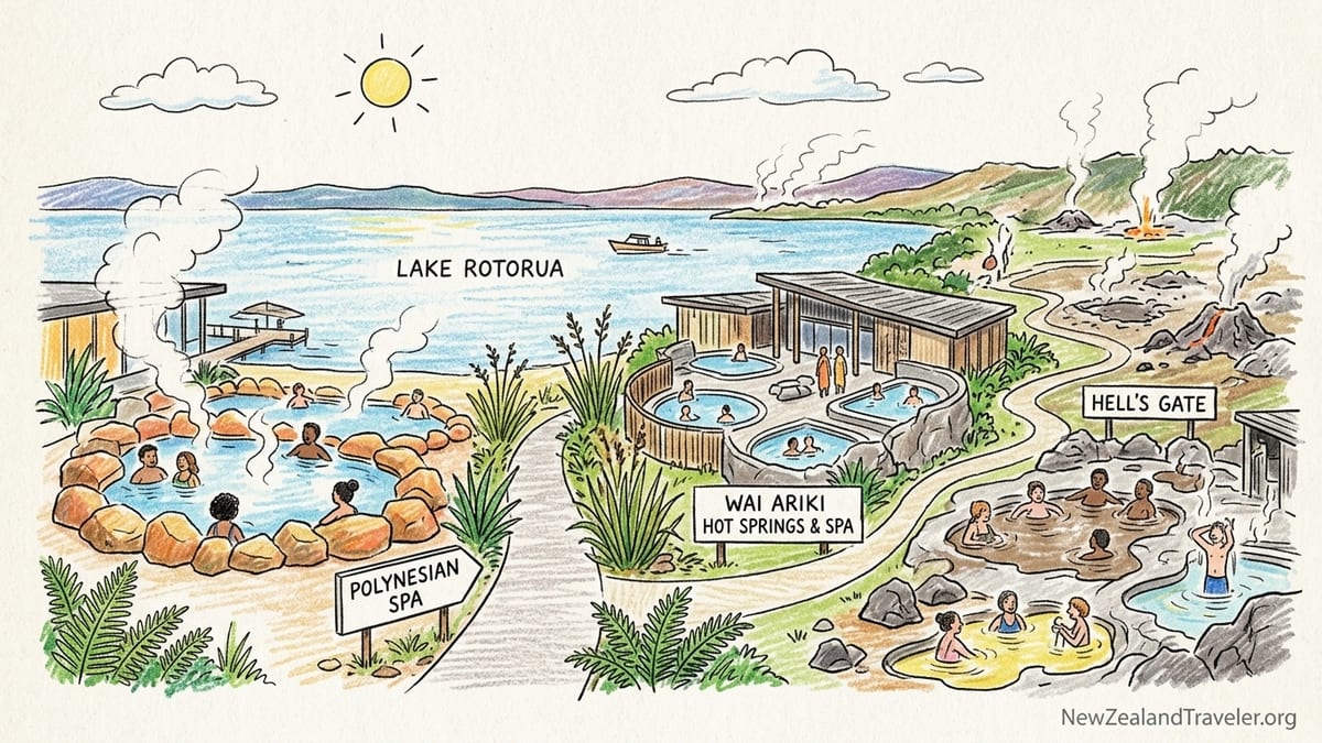 Steaming lakeside hot pools at dusk in Rotorua with bathers looking over Lake Rotorua.
