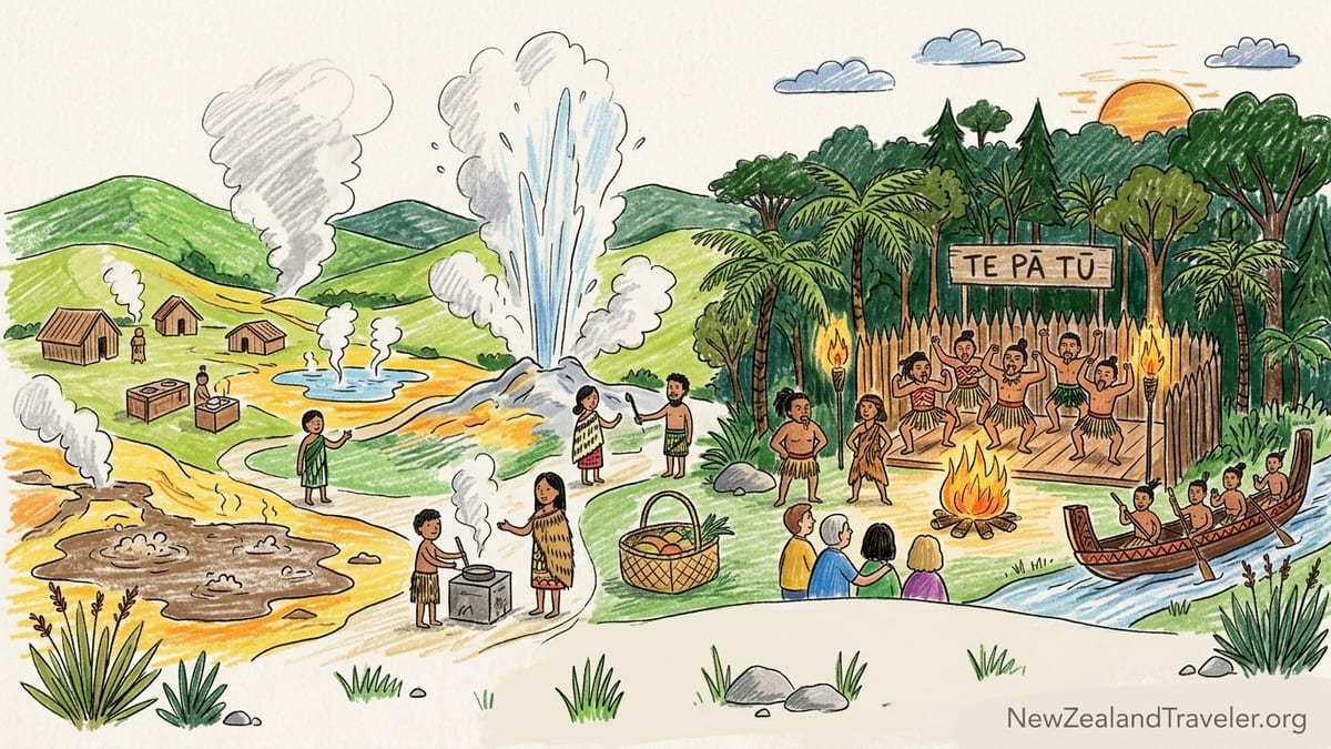 Māori performers in traditional dress doing haka beside steaming geothermal terraces in Rotorua at sunset.