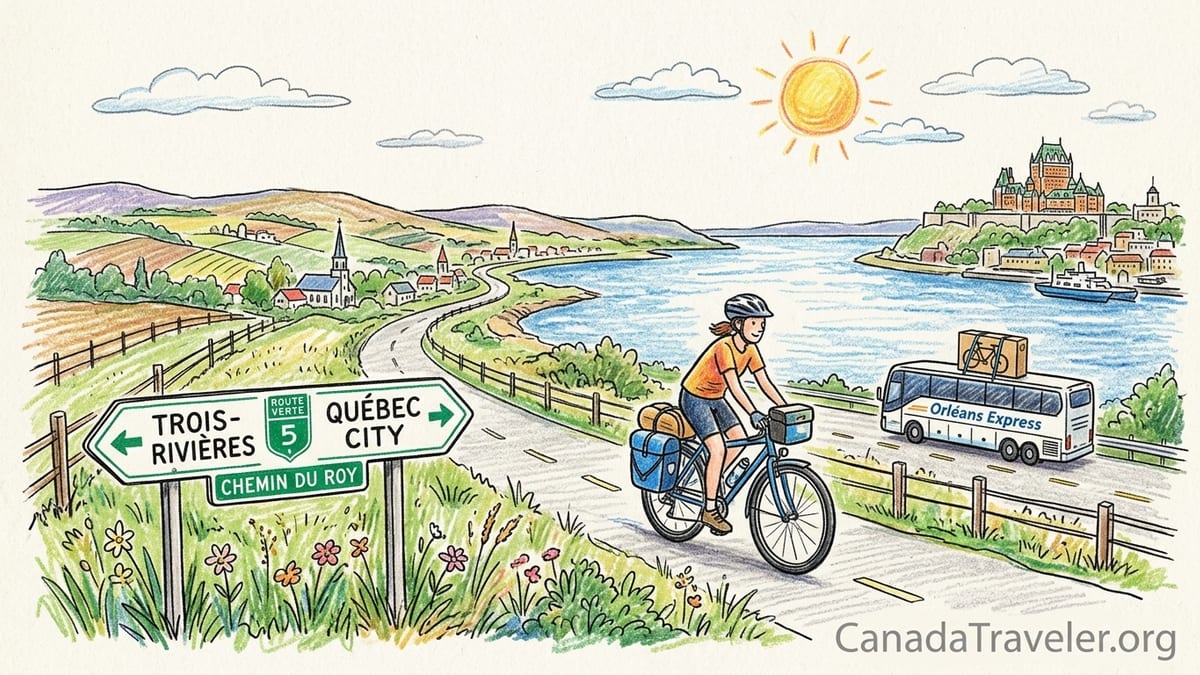 Cyclist with panniers riding along Québec’s Route Verte 5 beside the St. Lawrence River near a small village.