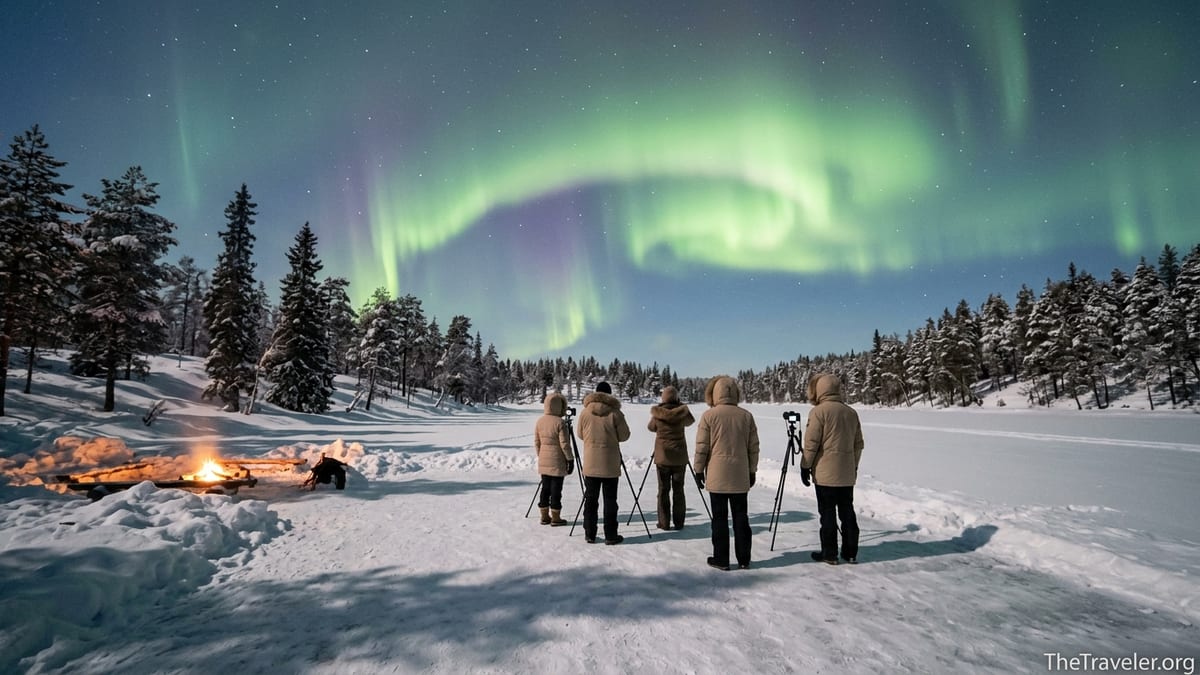 Travelers watch the Northern Lights over a snowy forest near Rovaniemi from a frozen lake at night.