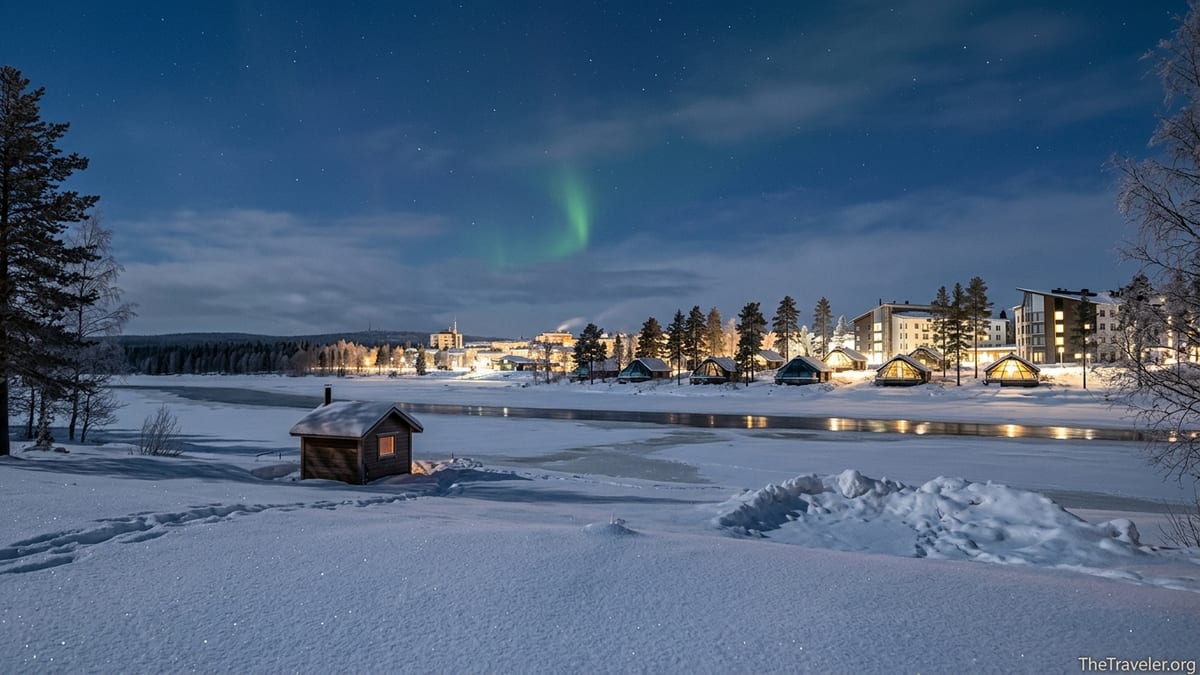 Winter view of Rovaniemi cabins and hotel lights by a frozen river under a faint aurora.