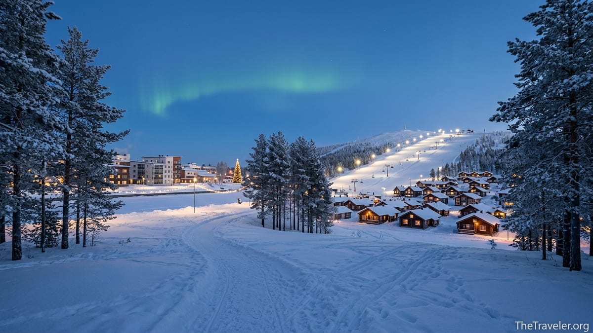 Winter view of Rovaniemi’s riverside lights and Levi’s ski slopes under a faint aurora in Finnish Lapland.