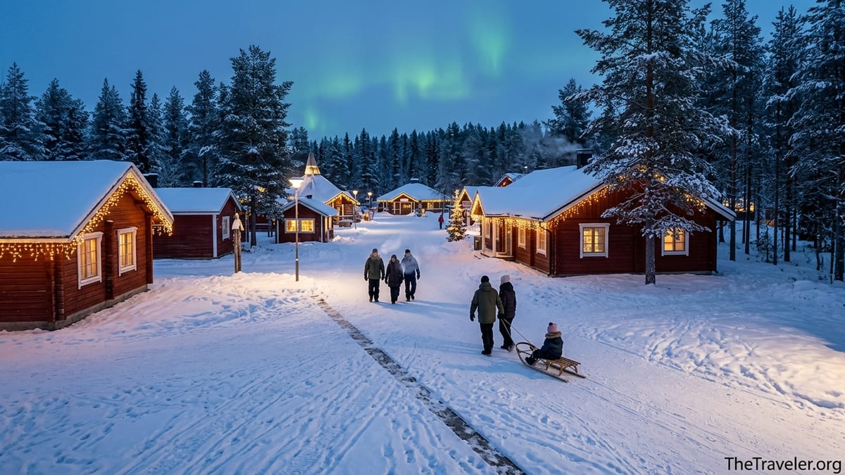 Snowy Santa Claus Village near Rovaniemi at twilight with visitors walking under fairy lights and faint Northern Lights above