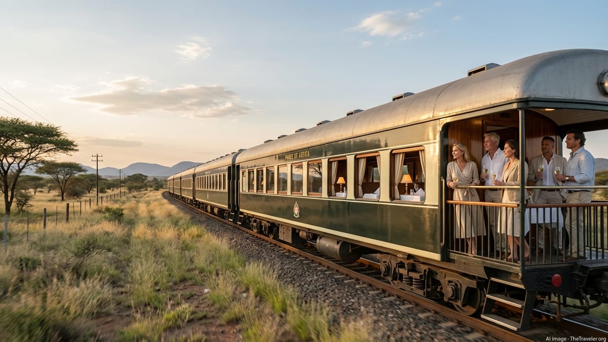 Rovos Rail traversing the Southern African landscape during golden hour.