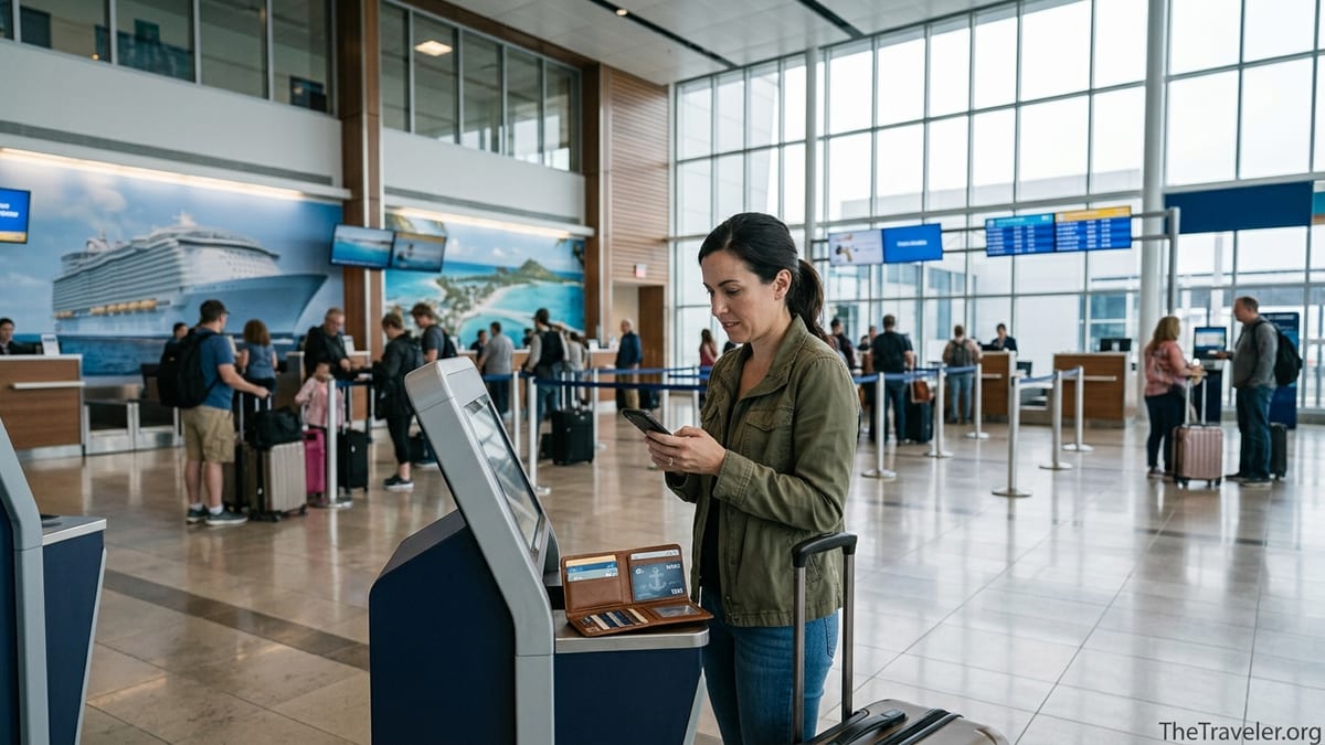 Traveler at cruise terminal check in looking at wallet of credit cards before boarding a Royal Caribbean cruise.
