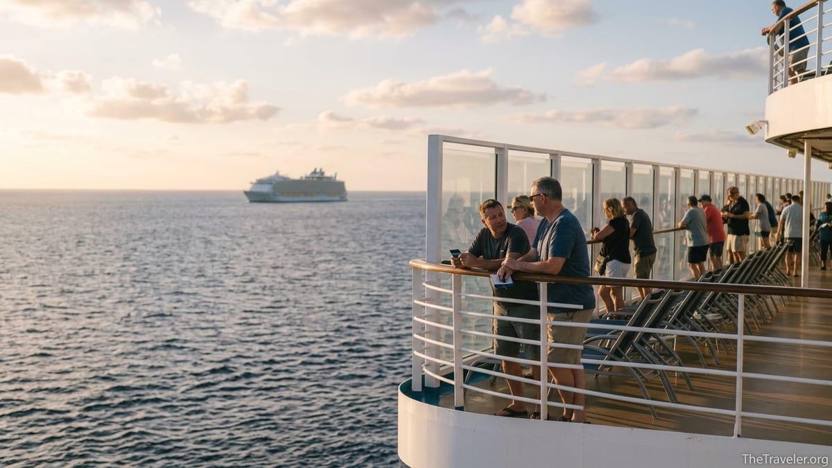 Passengers on a Royal Caribbean ship deck at sunset holding credit cards and looking out to sea.