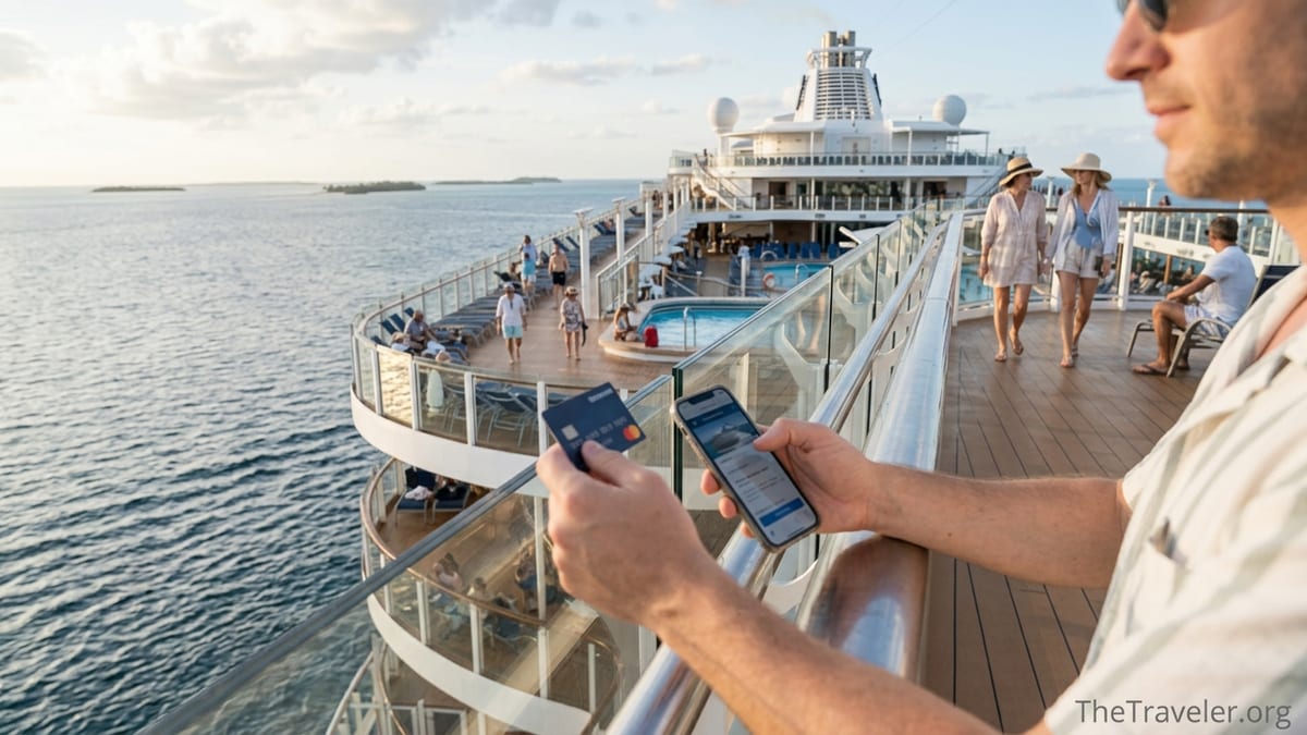 Traveler holding a credit card on the deck of a Royal Caribbean cruise ship at sunset.