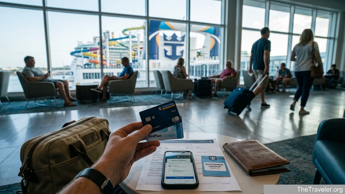 Traveler holding a Royal Caribbean credit card and SeaPass near a cruise ship at embarkation.