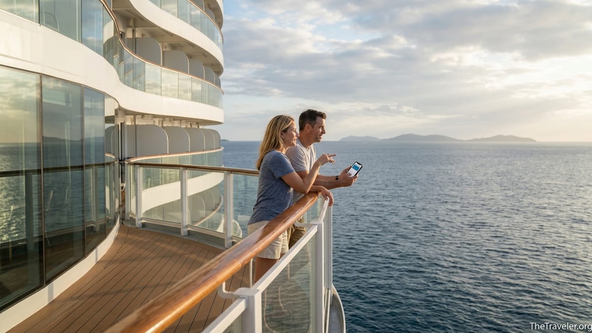 Couple on a Royal Caribbean ship deck at sunset reviewing cruise credit card rewards on a phone.