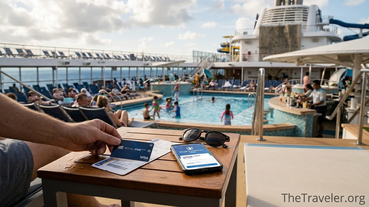 Traveler on a Royal Caribbean ship deck placing a credit card beside cruise documents and phone showing onboard credit.