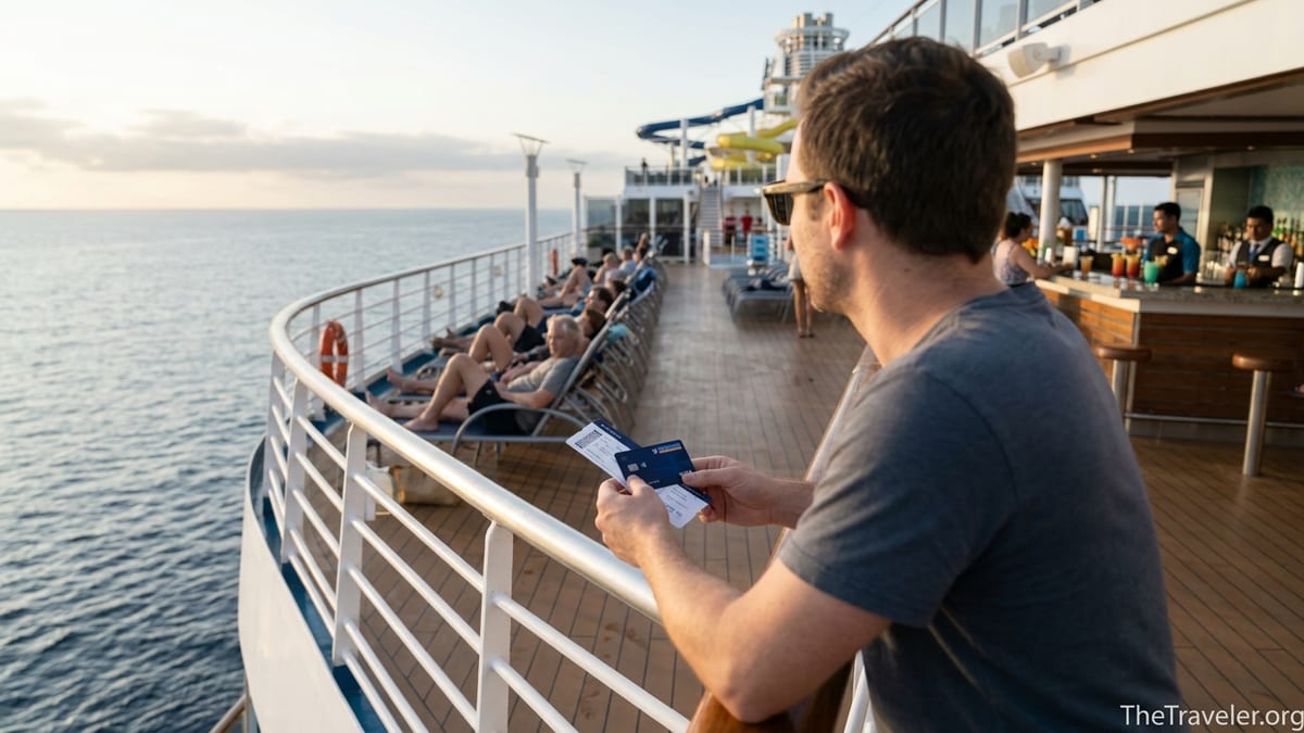 Traveler holding a Royal Caribbean credit card on a sunny cruise ship deck at sea