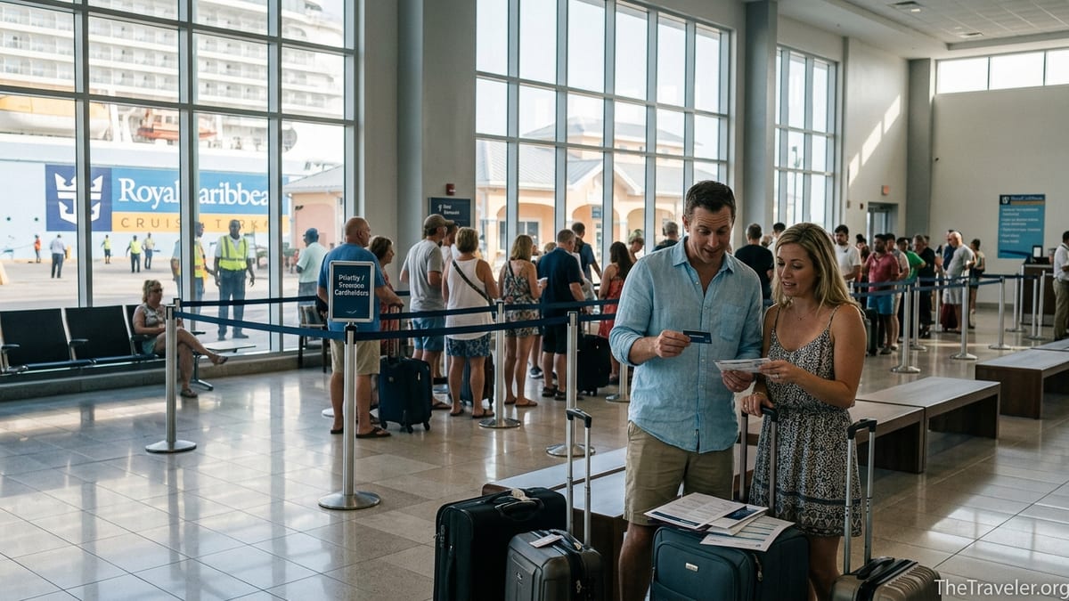 Travelers in a Royal Caribbean cruise terminal priority lane reviewing a credit card before boarding.