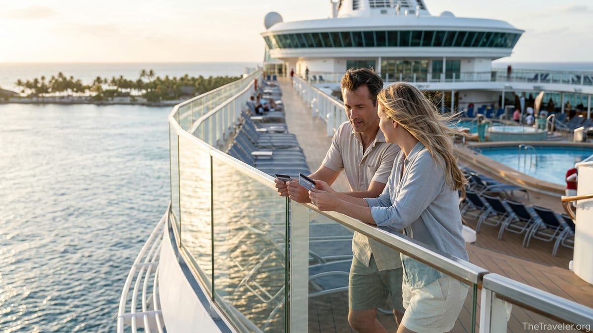 Couple on a Royal Caribbean ship deck at sunset comparing two credit cards while sailing from a tropical port.