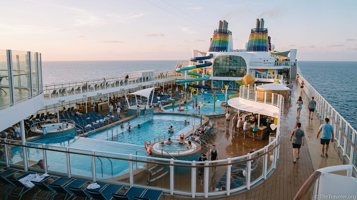 Top deck of a large Royal Caribbean cruise ship with pools, slides and passengers at sunset.