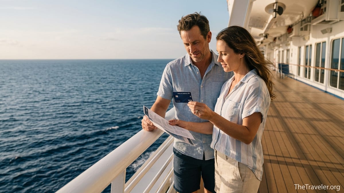 Couple on a Royal Caribbean ship deck reviewing a Visa Signature credit card and cruise documents at sunset.