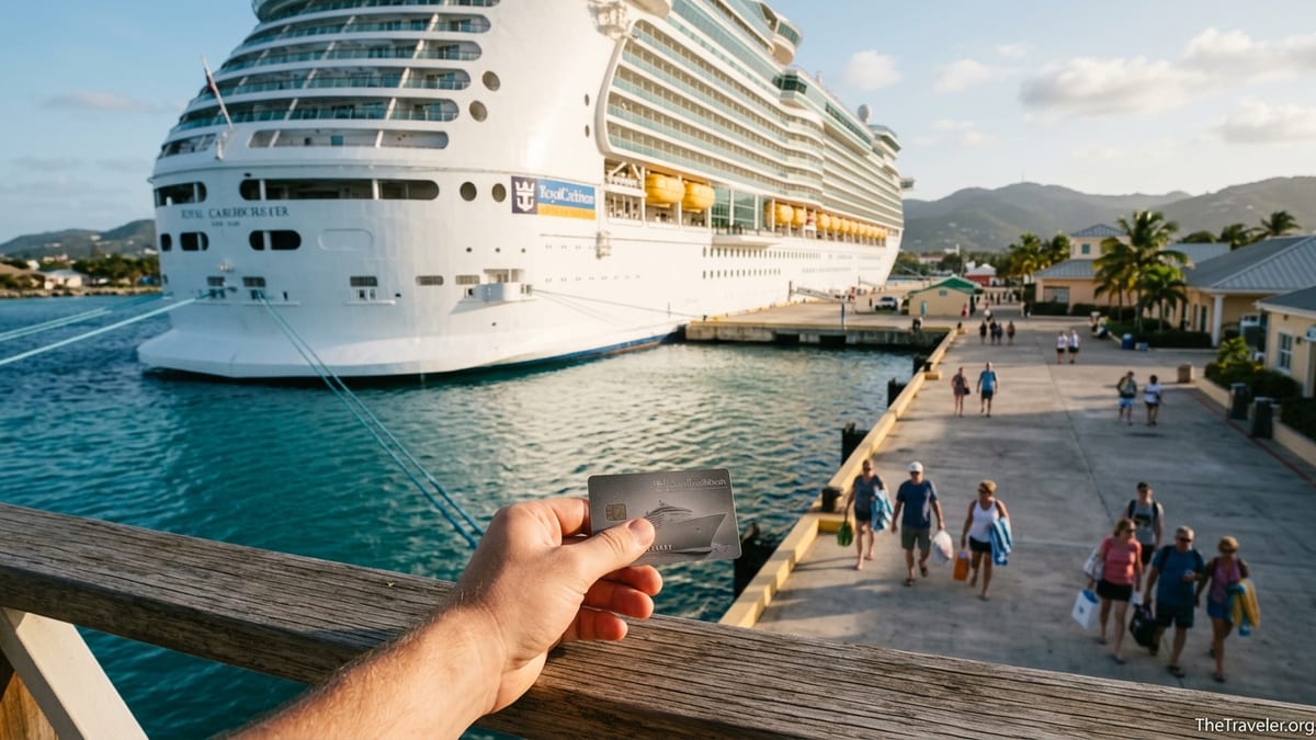 Traveler holding a cruise credit card while looking at a Royal Caribbean ship docked in a Caribbean port.