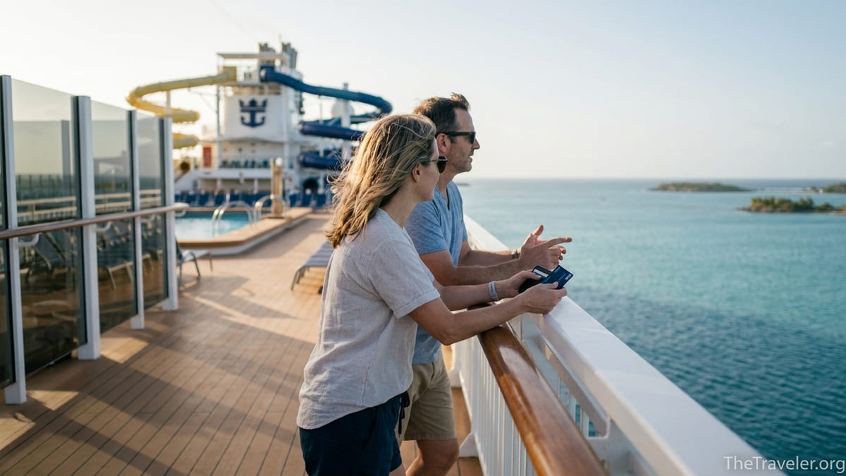 Couple on a Royal Caribbean ship deck at sunset holding a Visa card over the ocean.