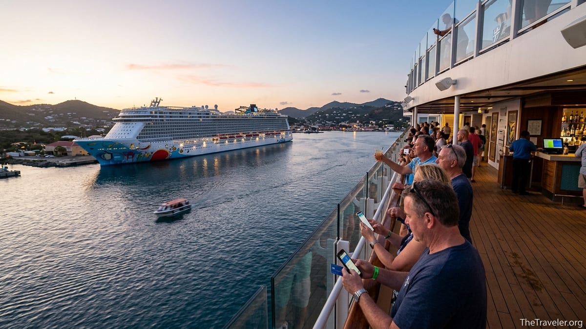 Royal Caribbean and Norwegian cruise ships docked side by side at sunset, viewed from an upper deck with passengers by the ra