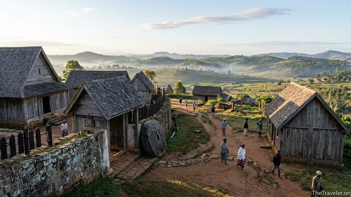 Royal Hill of Ambohimanga palaces overlooking terraced highland rice fields near Antananarivo.
