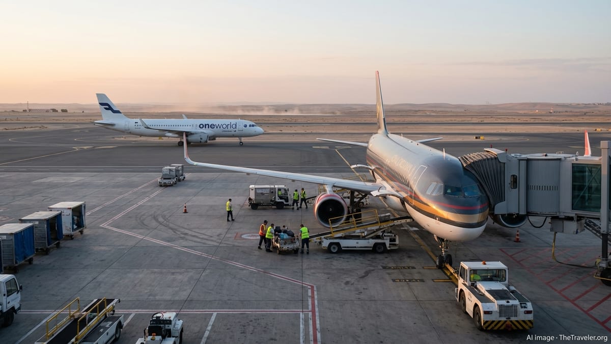 Royal Jordanian jet at Amman airport gate at dawn with ground crew preparing for departure.