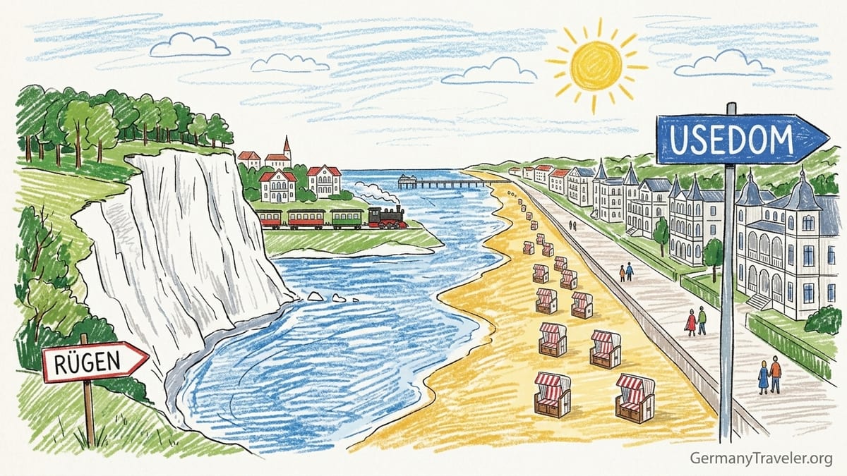 Aerial view contrasting Rügen chalk cliffs with Usedom’s long sandy Kaiserbäder beach promenade.