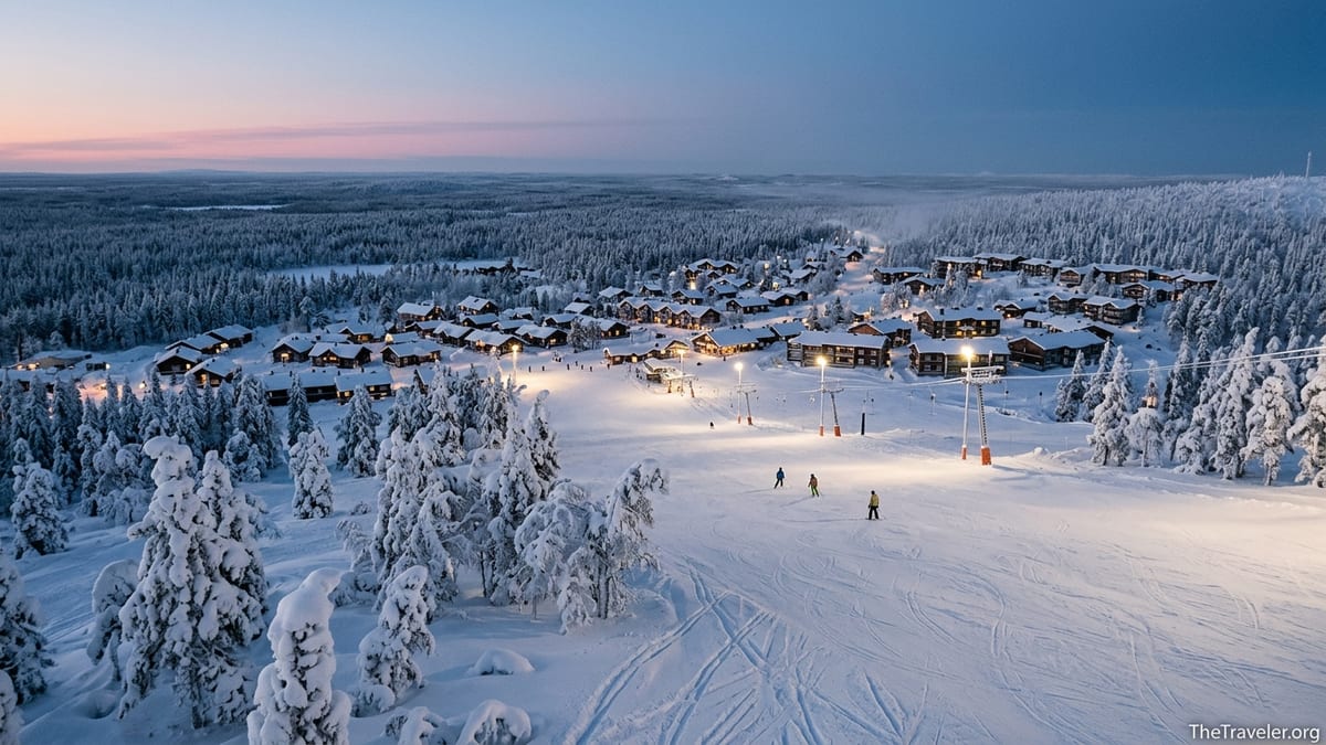 Blue-hour view over Ruka ski slopes and Ruka Village surrounded by snowy forest in northern Finland.