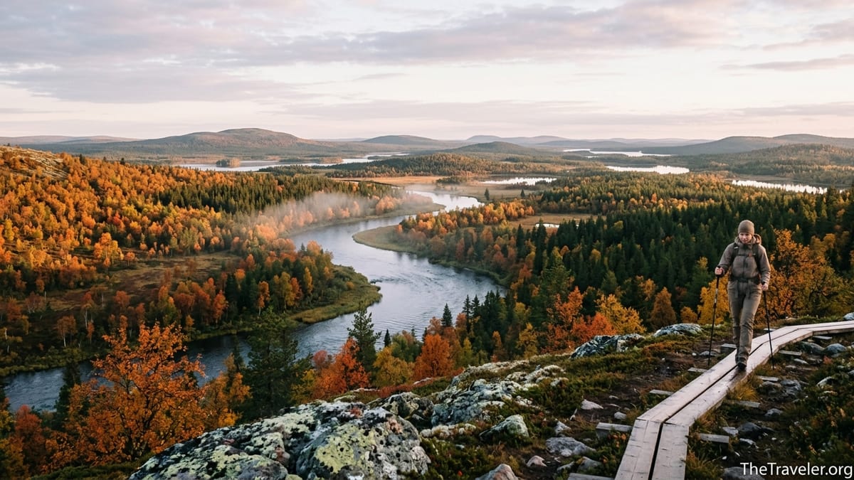 Autumn view over forests, river and fells in Ruka–Kuusamo with a lone hiker on a wooden trail.
