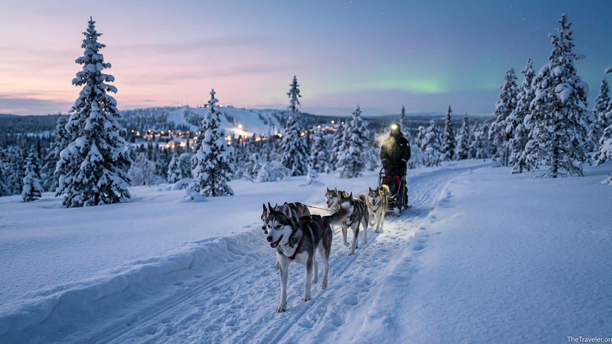 Husky sled team pulling a sled near Ruka–Kuusamo with snowy forests and soft evening light.