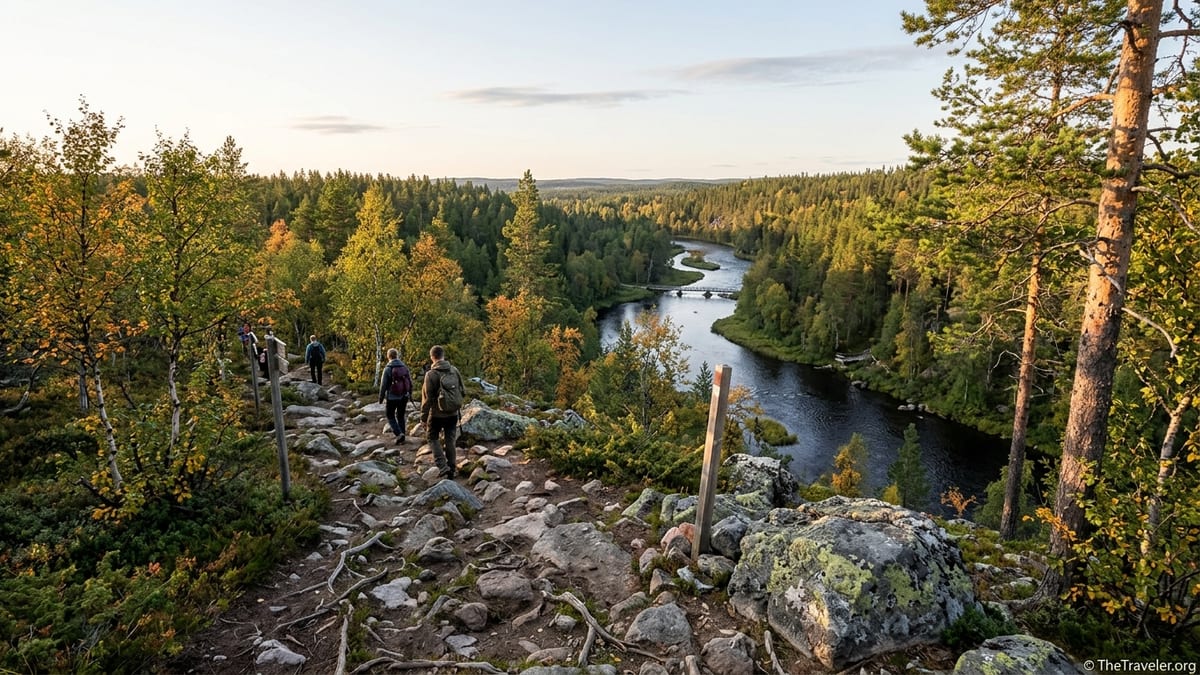 Autumn hiking trail on Rukatunturi fell overlooking forests and river valleys in Ruka–Kuusamo, Finland.