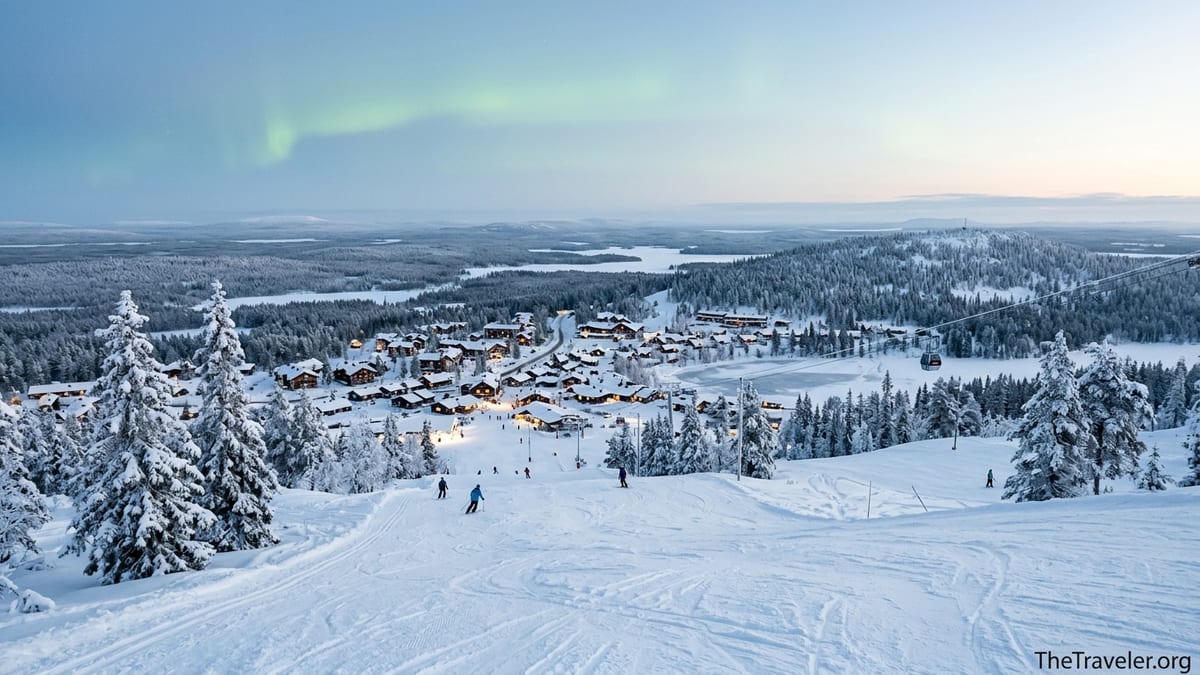 Snowy slopes and Ruka Village lights surrounded by forests in Ruka–Kuusamo, Finland at blue hour.