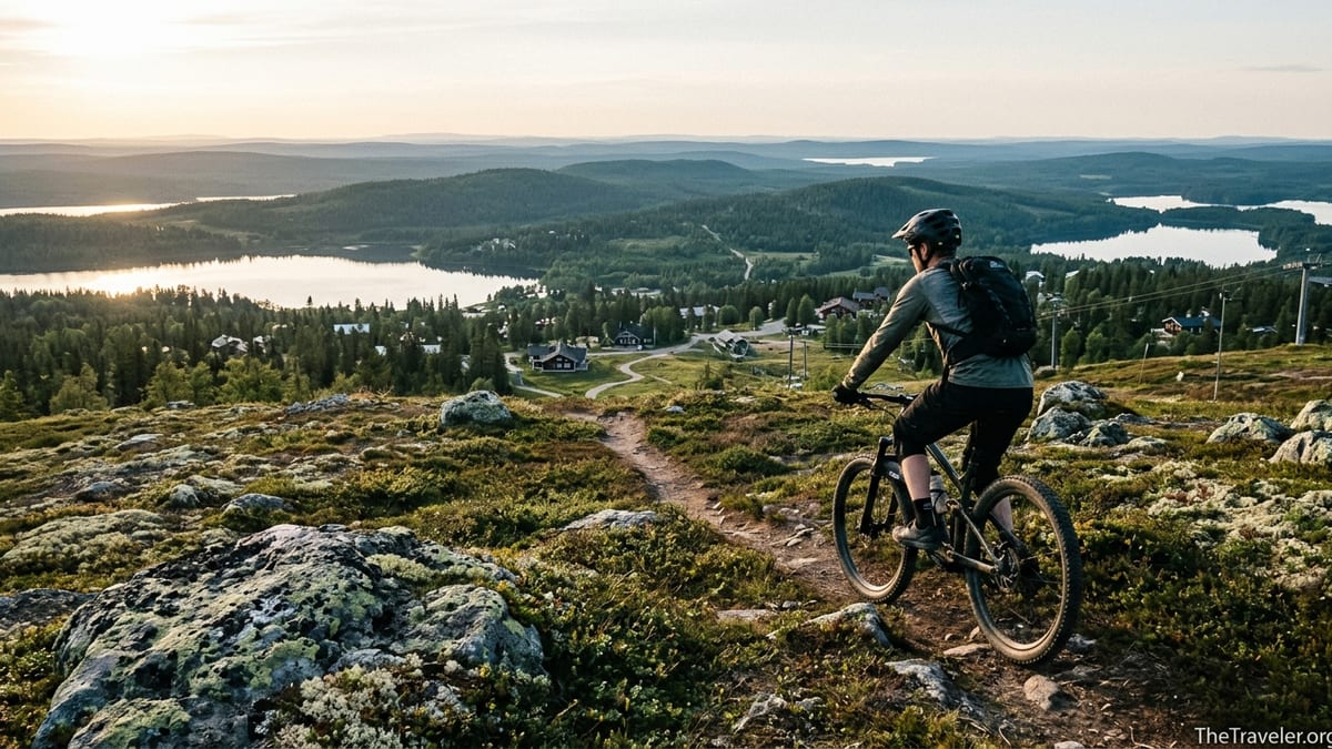 Mountain biker on Ruka fell overlooking forests and lakes in soft midnight sun.