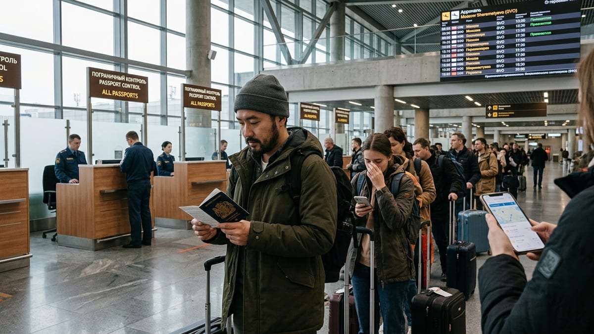 Travelers waiting at passport control in a Russian airport with passports and luggage.