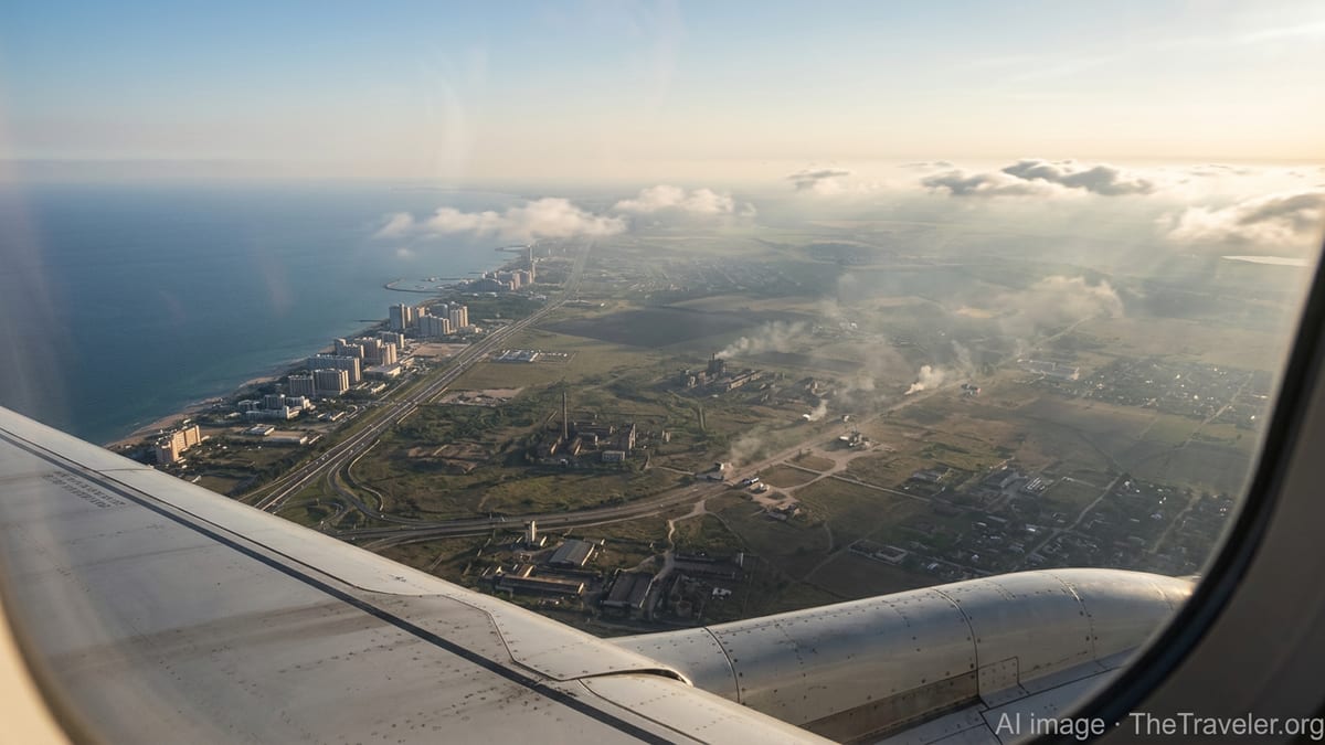 Aerial view from a plane window showing a peaceful coast beside a more damaged inland landscape.