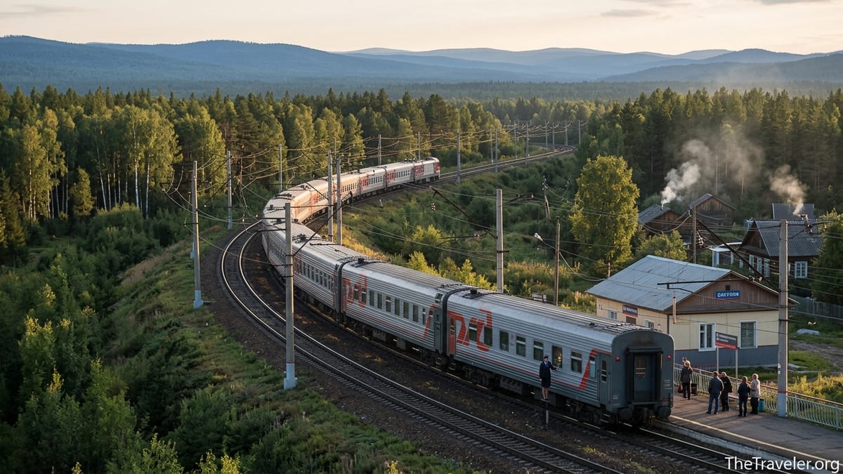 Long Russian train passing a small Siberian station through endless forest at sunset.